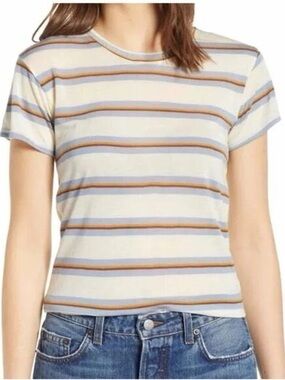 Reformation Striped Short Sleeve Tee in White, Blue & Brown